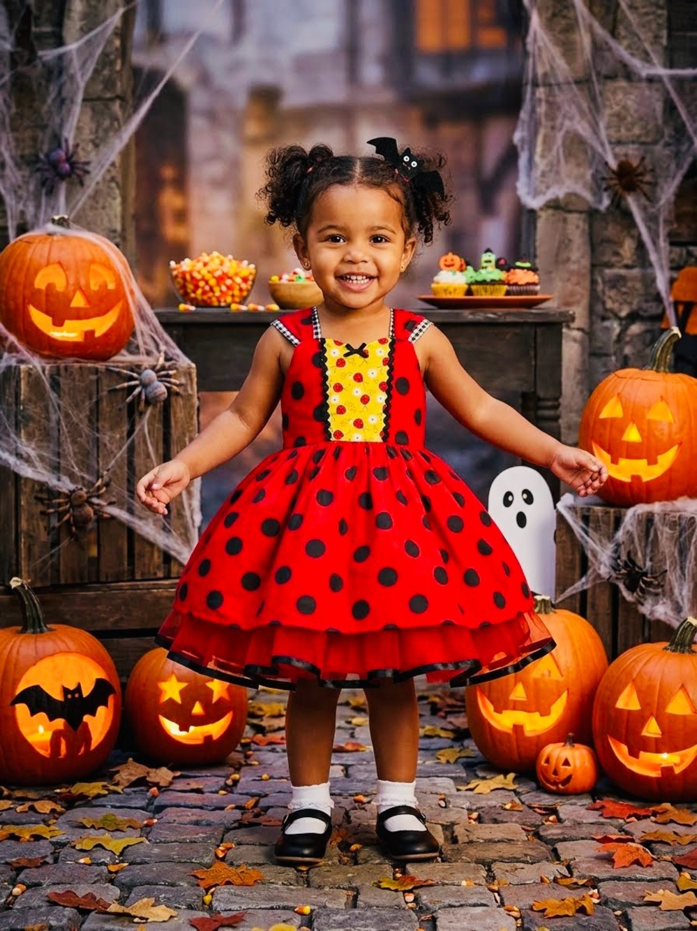 Love Red and Black Polka Dot Ladybug Costume Dress with Yellow Front. Handmade.